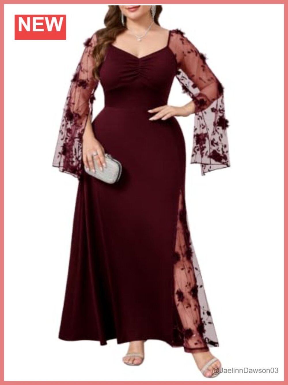 Plus Size Formal Maxi Dress 3D Floral Bell Sleeve High Slit Wedding Guest
